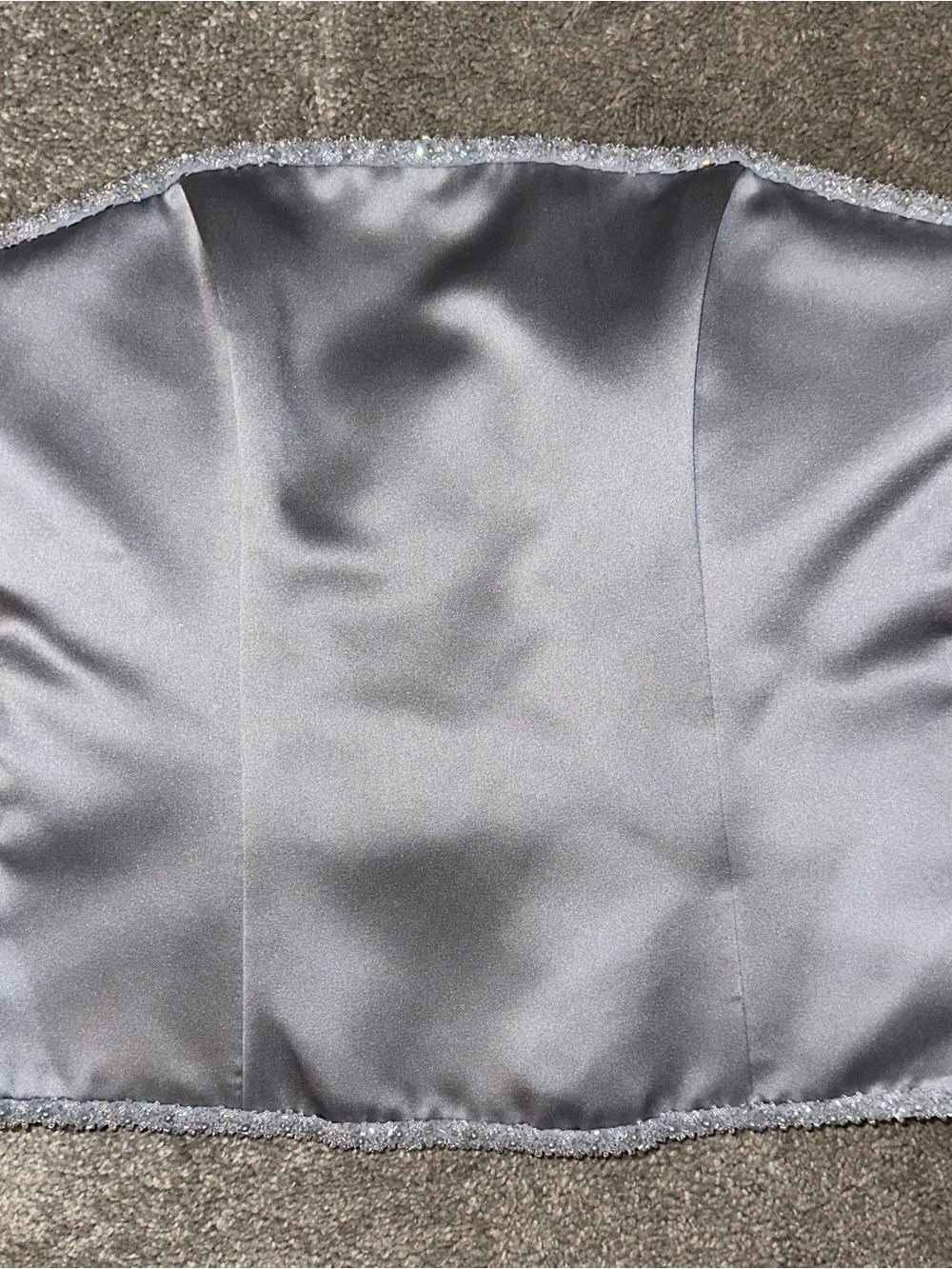 Vintage Y2K Silver Satin Strapless Bustier Top with Beaded Trim
